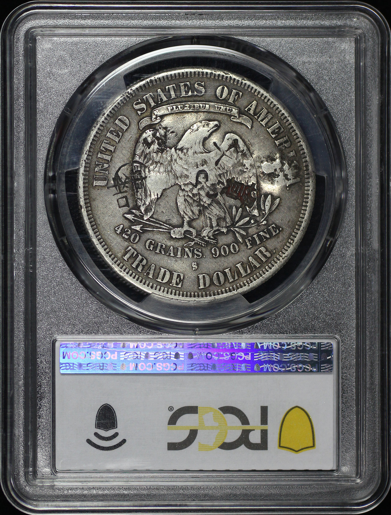 Reverse of this 1877-S Trade Dollar Chopmarked PCGS VF-35