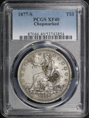 Obverse of this 1877-S Trade Dollar PCGS XF-40 Chopmarked