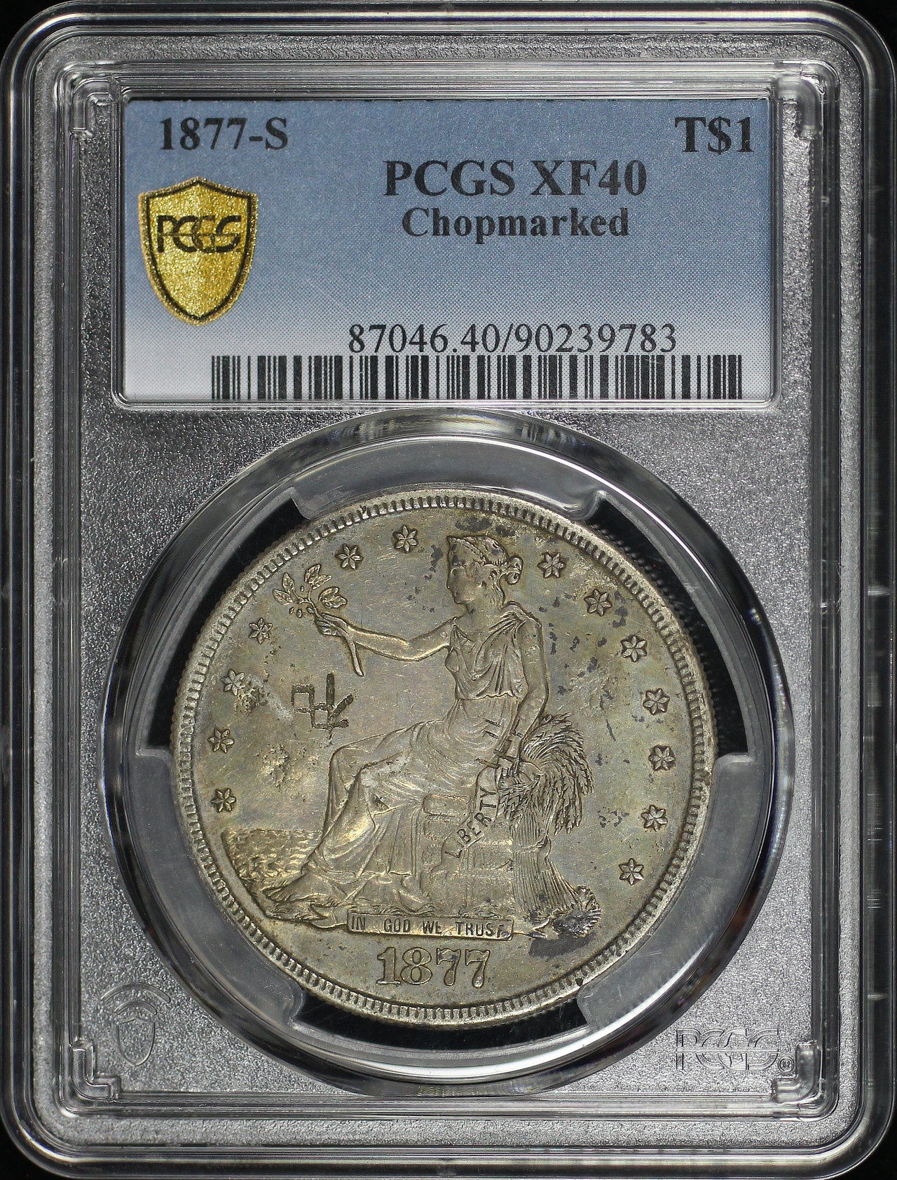 Obverse of this 1877-S Trade Dollar Chopmarked PCGS XF-40