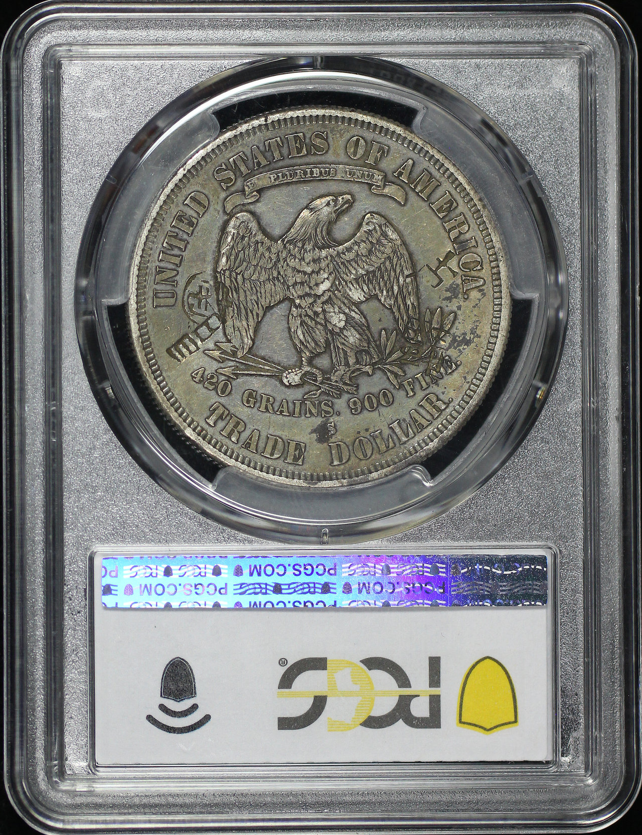 Reverse of this 1877-S Trade Dollar Chopmarked PCGS XF-40