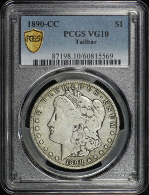 Obverse of this 1890-CC Morgan Dollar Tailbar PCGS VG-10