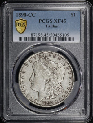 Obverse of this 1890-CC Morgan Dollar Tailbar PCGS XF-45