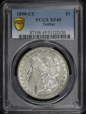 Obverse of this 1890-CC Morgan Dollar Tailbar PCGS XF-45