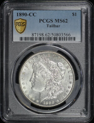 Obverse of this 1890-CC Morgan Dollar Tailbar PCGS MS-62