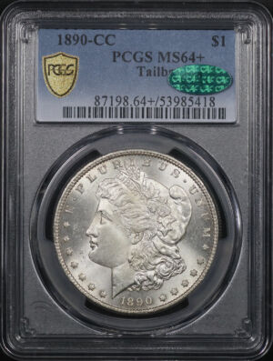 Obverse of this 1890-CC Morgan Dollar Tailbar PCGS MS-64+ CAC
