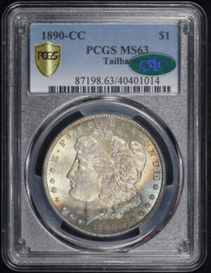 Obverse of this 1890-CC Morgan Dollar Tailbar PCGS MS-63 CAC Blue & Sunset Hue Obverse Crescent Toning