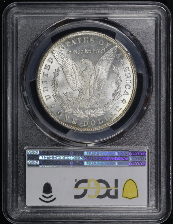 Reverse of this 1890-CC Morgan Dollar Tailbar PCGS MS-63 CAC Blue & Sunset Hue Obverse Crescent Toning