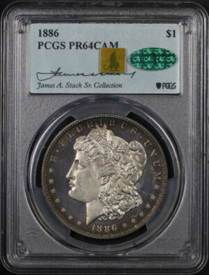 Obverse of this 1886 Morgan Dollar PCGS PR-64 CAM CAC James A. Stack Sr. Collection Label