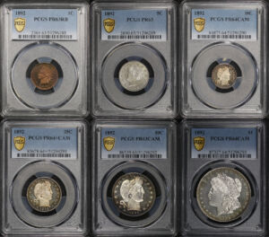Obverse of this 1892 Proof 1C, 5C, 10C, 25C, 50C, & $1 PCGS PR-63 Thur PR-65 6 Coin Set