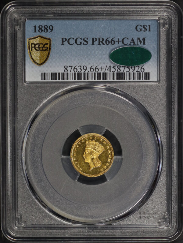 Obverse of this 1889 Gold Dollar Type 3 PCGS PR-66+ CAM CAC