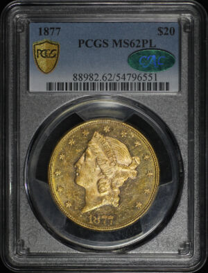 Obverse of this 1877 Liberty Head $20 Type 3 PCGS MS-62 PL CAC