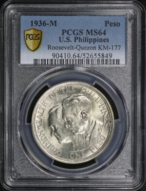 Obverse of this 1936 U.S. Philippines Roosevelt-Quezon Peso KM-177 PCGS MS-64