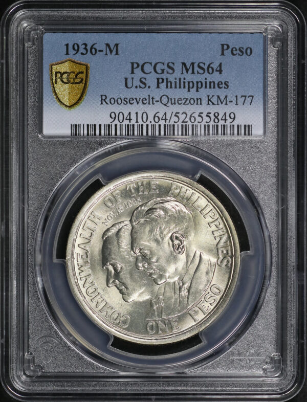 Obverse of this 1936 U.S. Philippines Roosevelt-Quezon Peso KM-177 PCGS MS-64