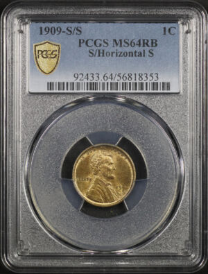 Obverse of this 1909-S/Horizontal S Lincoln Cent Wheat Reverse PCGS MS-64 RB