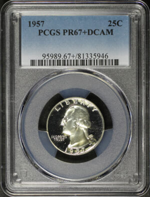 Obverse of this 1957 Washington Quarter PCGS PR-67+ DCAM