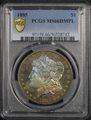 Obverse of this 1885 Morgan Dollar PCGS MS-66 DMPL Rainbow Toning 
