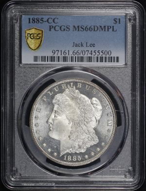 Obverse of this 1885-CC Morgan Dollar PCGS MS-66 DMPL Jack Lee Hoard