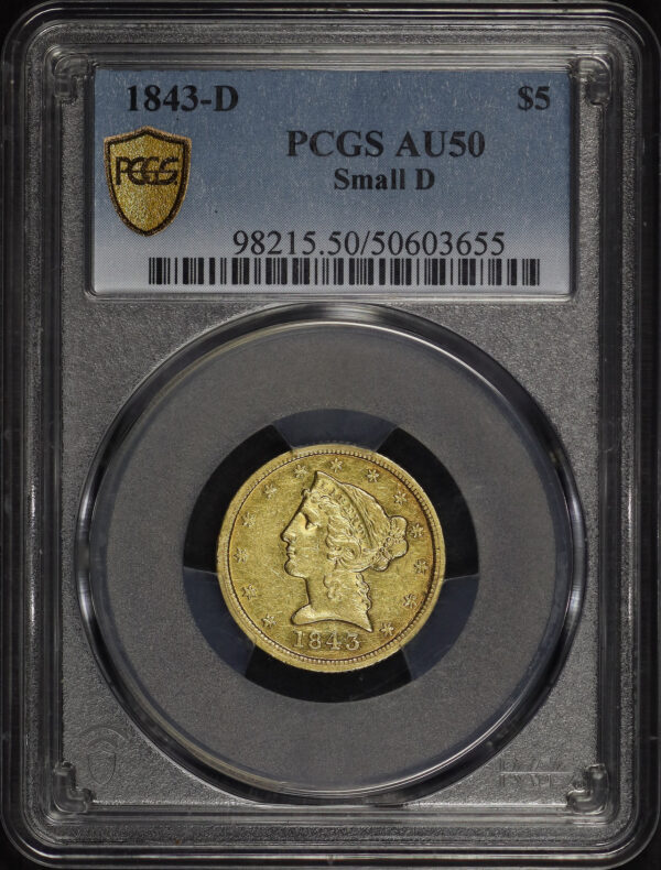 Obverse of this 1843-D Liberty Head $5 Small D PCGS AU-50