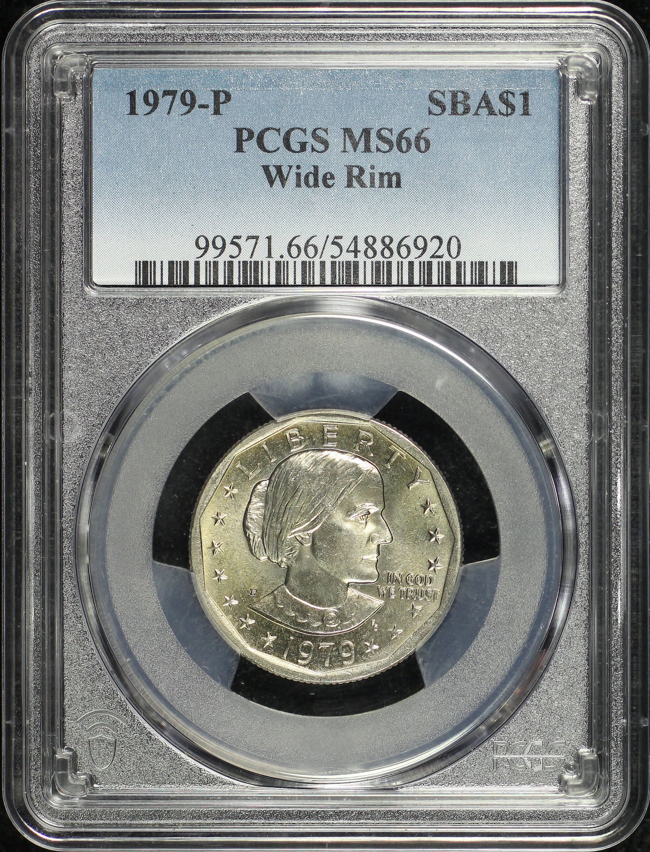 Obverse of this 1979 Susan B. Anthony Dollar SBA$1 Wide Rim PCGS MS-66