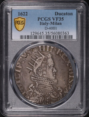 Obverse of this 1622 Italian States Milan Silver Ducatone D-4001 KM-43 PCGS VF-35