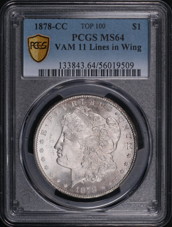 Obverse of this 1878-CC Top 100 VAM-11 Lines In Wing Morgan Dollar PCGS MS-64
