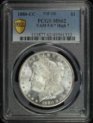 Obverse of this 1880-CC Top-100 Morgan Dollar VAM-5 8/High 7 PCGS MS-62 