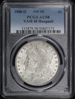 Obverse of this 1880-O Top 100 VAM-48 Hangnail Morgan Dollar PCGS AU-58 