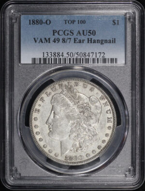 Obverse of this 1880-O Top 100 VAM-49 8/7 Ear Hangnail Morgan Dollar PCGS AU-50 