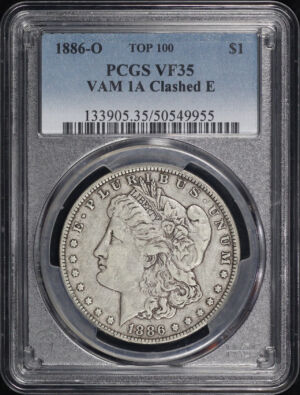 Obverse of this 1886-O Top-100 VAM-1A Clashed E Morgan Dollar PCGS VF-35