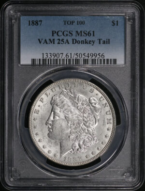Obverse of this 1887 Morgan Dollar VAM-25A Donkey Tail PCGS MS-61