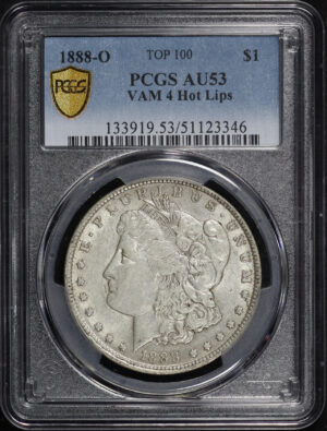 Obverse of this 1888-O Top 100 Morgan Dollar VAM-4 Hot Lips PCGS AU-53