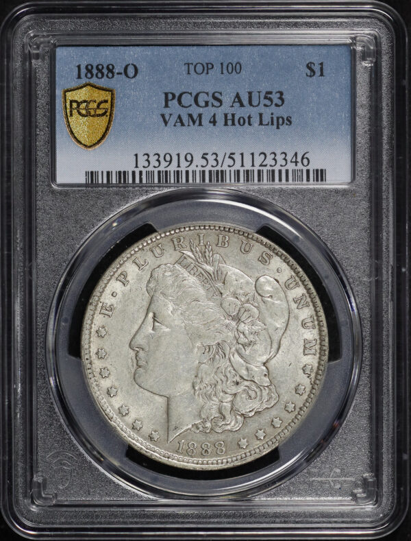 Obverse of this 1888-O Top 100 Morgan Dollar VAM-4 Hot Lips PCGS AU-53