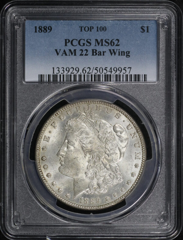 Obverse of this 1889 Top 100 VAM-22 Bar Wing Morgan Dollar PCGS MS-62