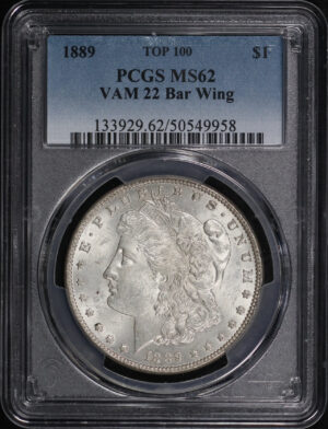 Obverse of this 1889 Top 100 VAM-22 Bar Wing Morgan Dollar PCGS MS-62