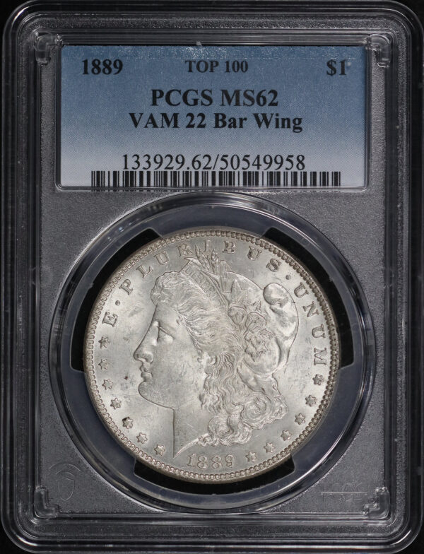 Obverse of this 1889 Top 100 VAM-22 Bar Wing Morgan Dollar PCGS MS-62