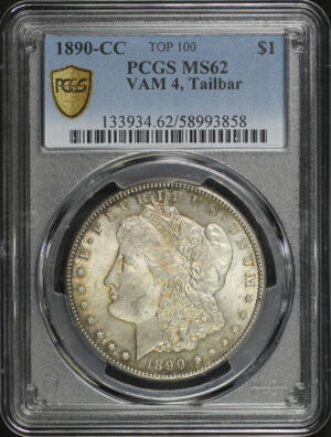 Obverse of this 1890-CC Top-100 Morgan Dollar VAM-4 Tailbar PCGS MS-62