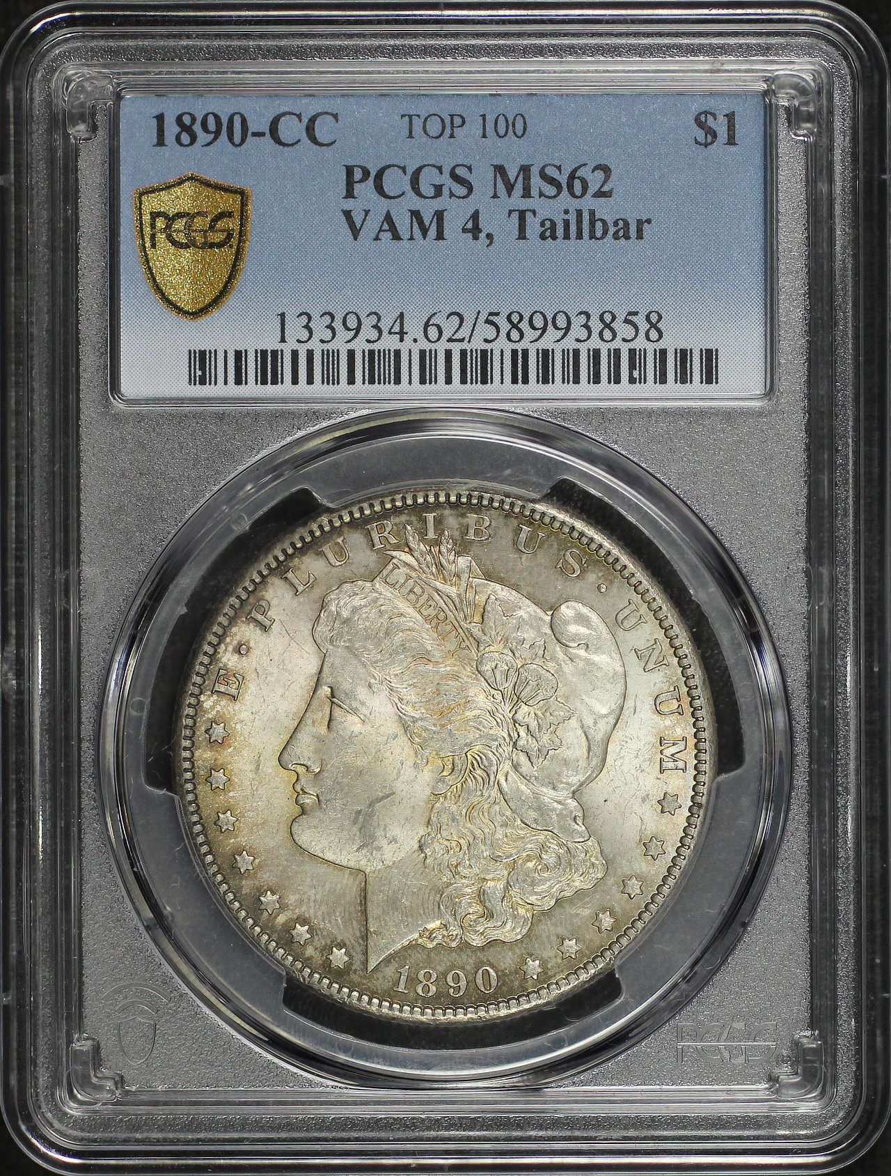 Obverse of this 1890-CC Top-100 Morgan Dollar VAM-4 Tailbar PCGS MS-62