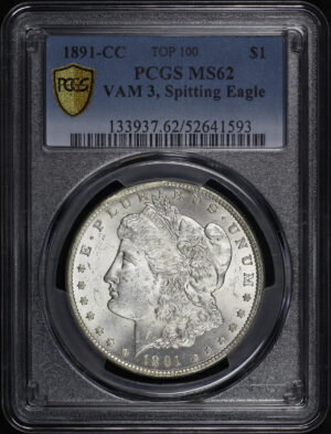 Obverse of this 1891-CC Top-100 Morgan Dollar VAM-3 Spitting Eagle PCGS MS-62