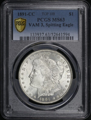 Obverse of this 1891-CC Top-100 Morgan Dollar VAM-3 Spitting Eagle PCGS MS-63