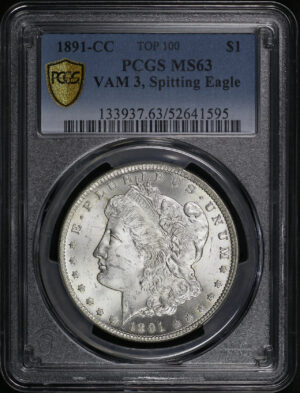 Obverse of this 1891-CC Top-100 Morgan Dollar VAM-3 Spitting Eagle PCGS MS-63