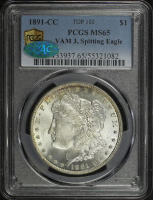 Obverse of this 1891-CC Top-100 Morgan Dollar VAM-3 Spitting Eagle PCGS MS-65 CAC