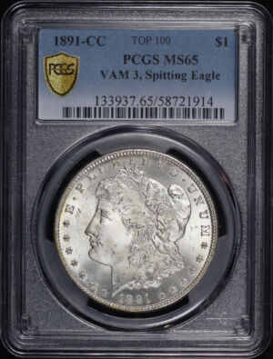 Obverse of this 1891-CC Top 100 Morgan Dollar PCGS MS-65 VAM-3 Spitting Eagle