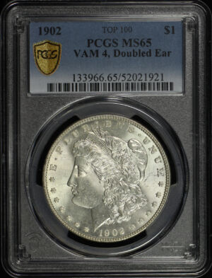 Obverse of this 1902 Top-100 Morgan Dollar VAM-4 Doubled Ear PCGS MS-65