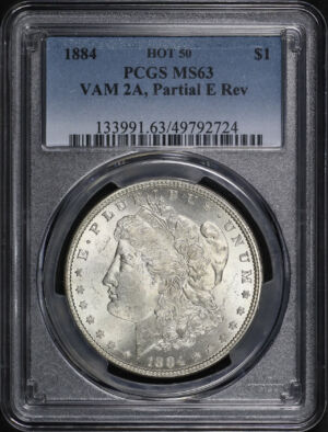 Obverse of this 1884 Hot 50 VAM-2A Partial E Reverse Morgan Dollar PCGS MS-63