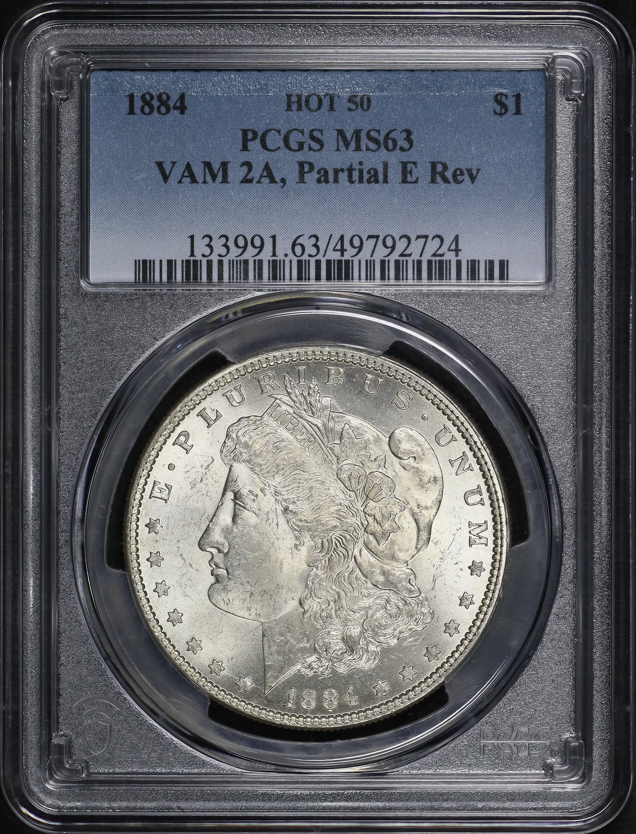 Obverse of this 1884 Hot 50 VAM-2A Partial E Reverse Morgan Dollar PCGS MS-63