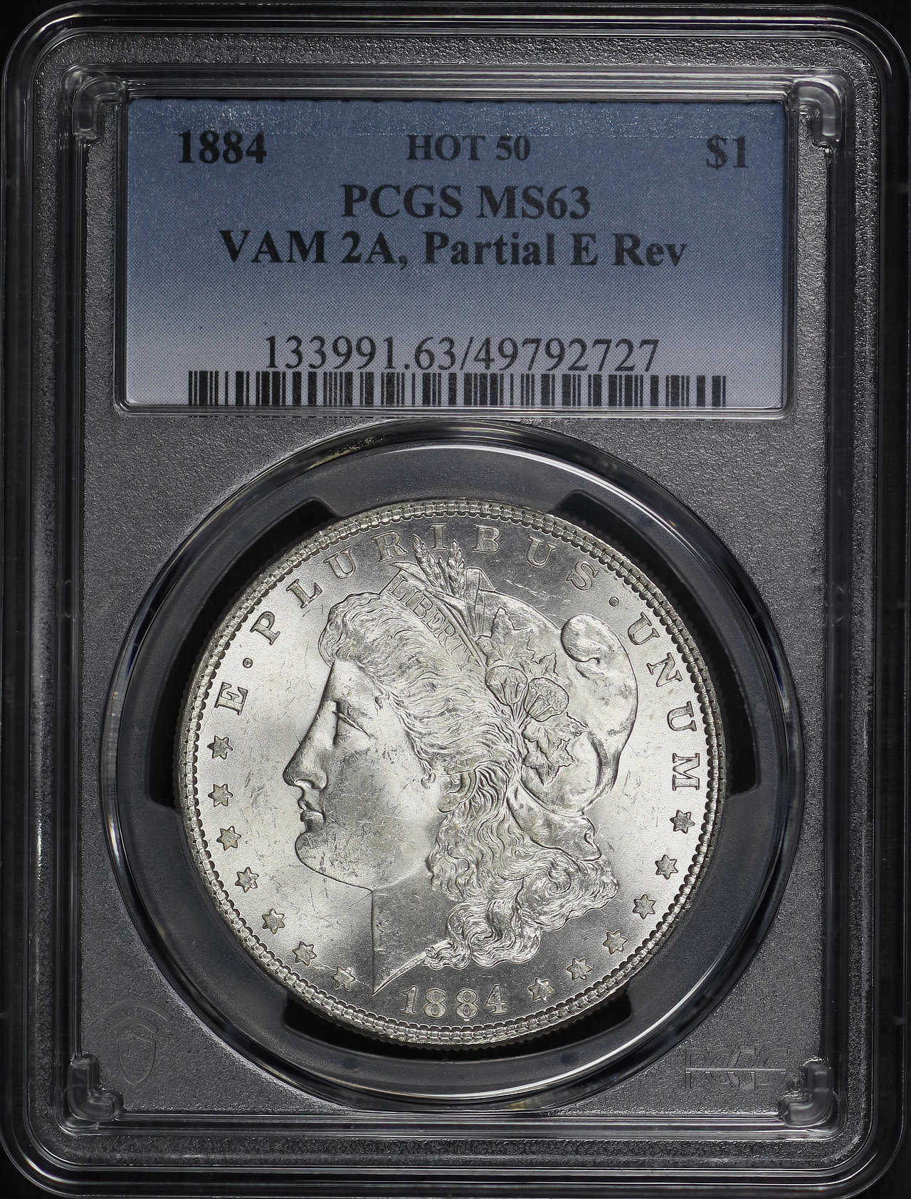 Obverse of this 1884 Hot 50 VAM-2A Partial E Reverse Morgan Dollar PCGS MS-63