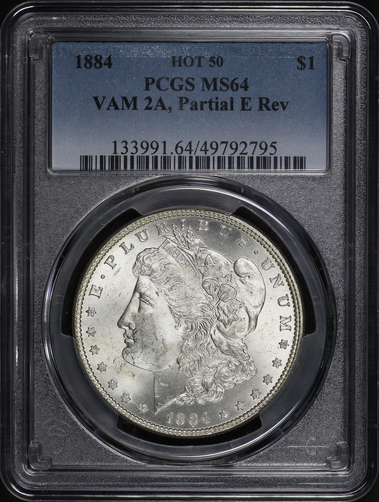 Obverse of this 1884 Hot 50 VAM-2A Partial E Reverse Morgan Dollar PCGS MS-64