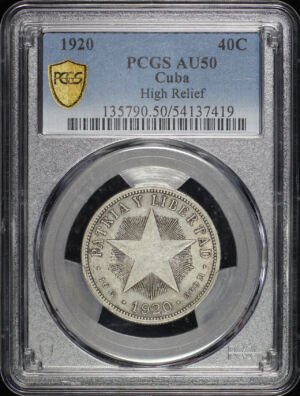 Obverse of this 1920 Cuba High Relief 40C PCGS AU-50