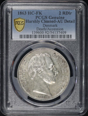 Obverse of this 1863 HC-FK Denmark Silver Death/Accession 2 Rigsdaler KM#770 PCGS AU Details Harshly Cleaned