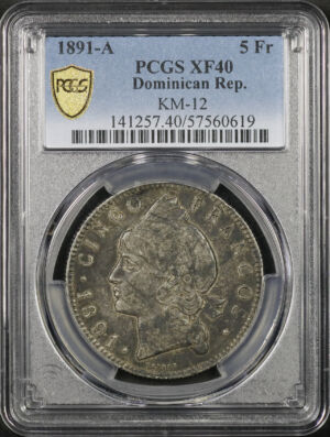 Obverse of this 1891-A Dominican Rep. KM-12 5Fr PCGS XF-40